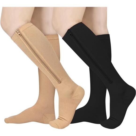 2 Pairs Zipper Compression Socks, 15-20 mmHg Closed Toe Compression - Picture 1 of 6